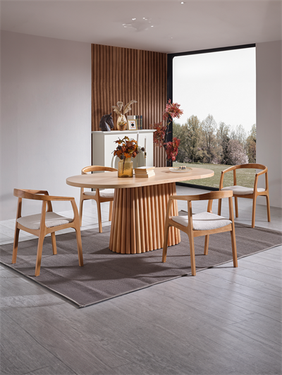 Elizya Naturel Renk Oval Ahşap Masa Takımı 170x90 Cm - 4 Naturel Renk Kolçaklı Sandalye Bohem & İskandinav Şık Tasarım