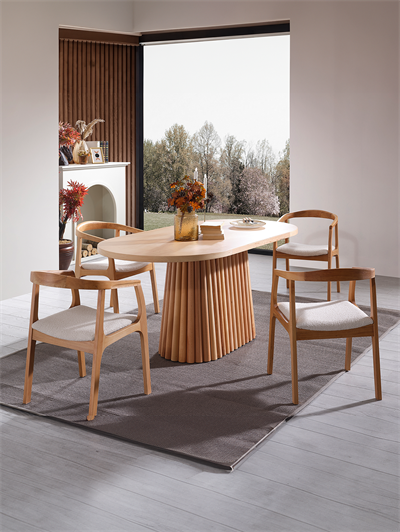 Elizya Naturel Renk Oval Ahşap Masa Takımı 170x90 Cm - 4 Naturel Renk Kolçaklı Sandalye Bohem & İskandinav Şık Tasarım