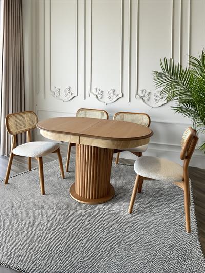 Emara Ahşap Naturel Renk Açılır Oval Masa Takımı 120x80 Cm - 4 Adet Doğal Hazeranlı Sandalye Bohem & İskandinav Şık Tasarım