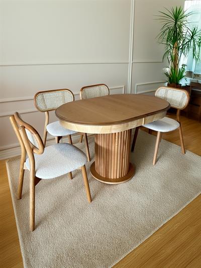 Emara Ahşap Naturel Renk Açılır Oval Masa Takımı 120x80 Cm - 4 Adet Doğal Hazeranlı Sandalye Bohem & İskandinav Şık Tasarım