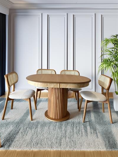 Emara Ahşap Naturel Renk Açılır Oval Masa Takımı 120x80 Cm - 4 Adet Doğal Hazeranlı Sandalye Bohem & İskandinav Şık Tasarım