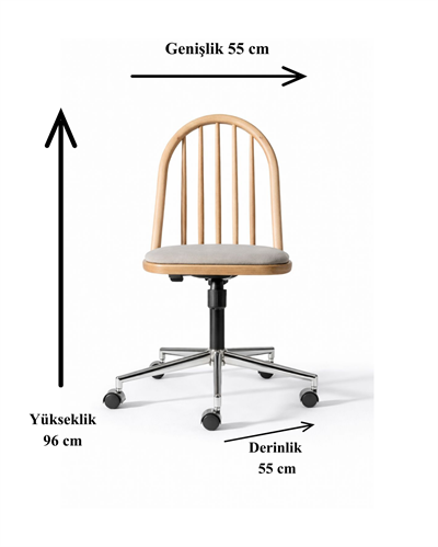 Esperenza Doğal Ahşap Naturel Renk Kadife Kumaş Döner Çalışma Sandalyesi 55x55x96 Cm - Modern & Şık Tasarım