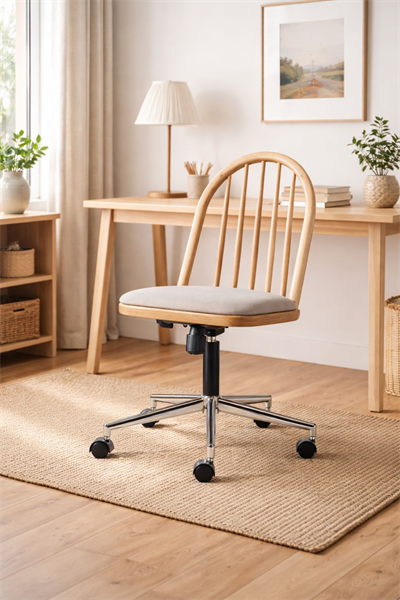 Esperenza Doğal Ahşap Naturel Renk Kadife Kumaş Döner Çalışma Sandalyesi 55x55x96 Cm - Modern & Şık Tasarım