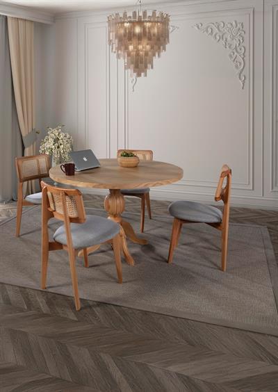 Eva Doğal Ahşap Yuvarlak Masa Takımı 100x100 cm - 4 Doğal Ahşap Naturel Hazeranlı Sandalye Modern Şık Tasarım