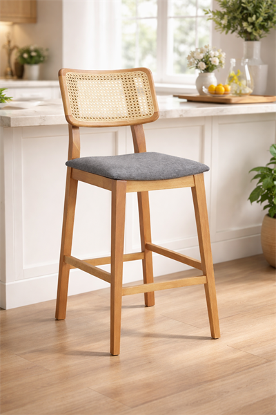 Fanni Doğal Ahşap Döşemeli Naturel Hazeranlı Bar Sandalye El İşçiliği Modern İskandinav Tasarım