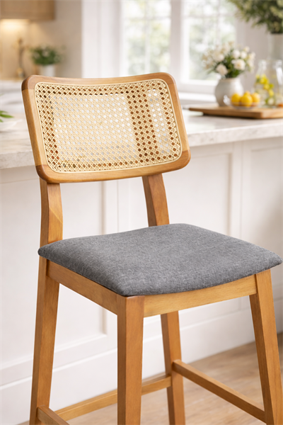 Fanni Doğal Ahşap Döşemeli Naturel Hazeranlı Bar Sandalye El İşçiliği Modern İskandinav Tasarım