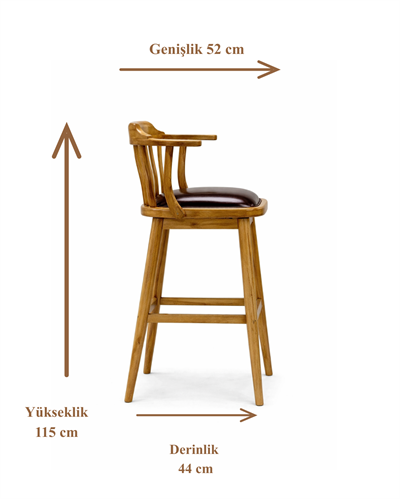 Felix Doğal Ahşap Döşemeli Ceviz Kolçaklı Bar Sandalye El İşçiliği Klasik Tarz