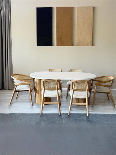 Fiona Beyaz Tabla Naturel Ayaklı Oval Ahşap Masa Takımı 170x90 Cm - 6 Naturel Renk Hazeranlı Sandalye Bohem & İskandinav Şık Tasarım