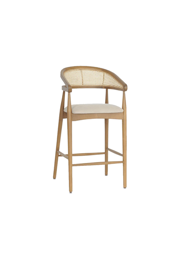 Buxus Doğal Ahşap Döşemeli Naturel Kollu Hasırlı Bar Sandalye El İşçiliği  Bohem İskandinav Tasarım