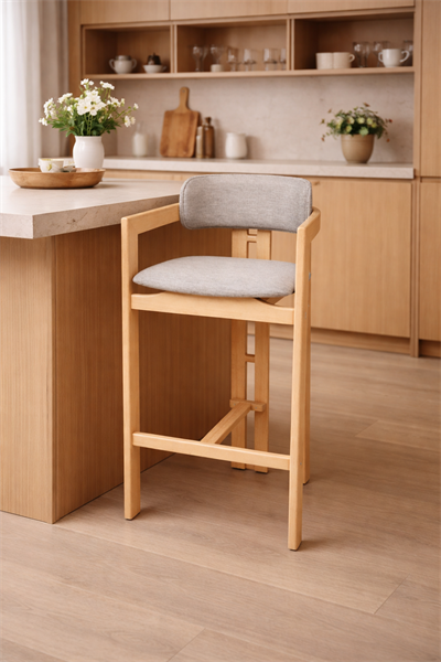 Gelsa T Modeli Doğal Ahşap  Döşemeli Naturel Kolçaklı Bar Sandalye El İşçiliği Bohem İskandinav Tasarım