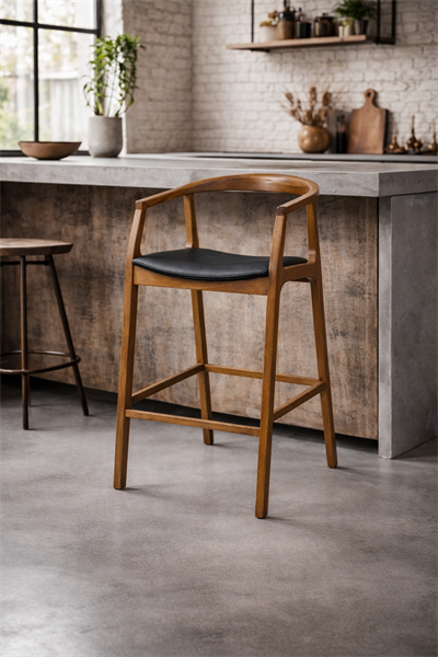 Girasole Doğal Ahşap Döşemeli Ceviz Kollu Bar Sandalye El İşçiliği Modern İskandinav Tasarım