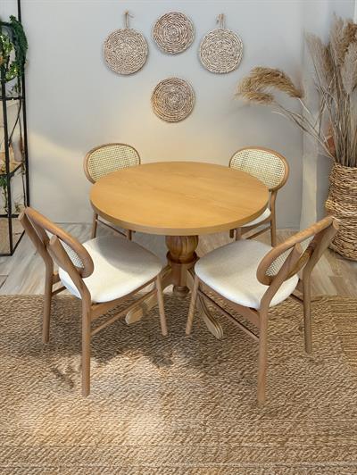 Glory Naturel Renk Yuvarlak Ahşap Masa Takımı 90x90 Cm - 4 Naturel Renk Hazeranlı Sandalye İskandinav Şık Tasarım