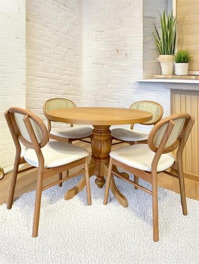 Naturel Renk Yuvarlak Ahşap Masa Takımı 100x100 Cm - 4 Naturel Renk Hazeranlı Sandalye İskandinav Şık Tasarım