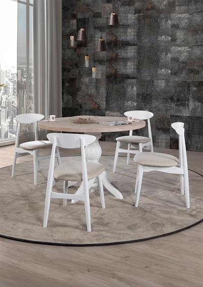 İnci Doğal Ahşap Beyaz Ayak Yuvarlak Masa Takımı 100x100 cm - 4 Doğal Ahşap Sandalye Modern Şık Tasarım