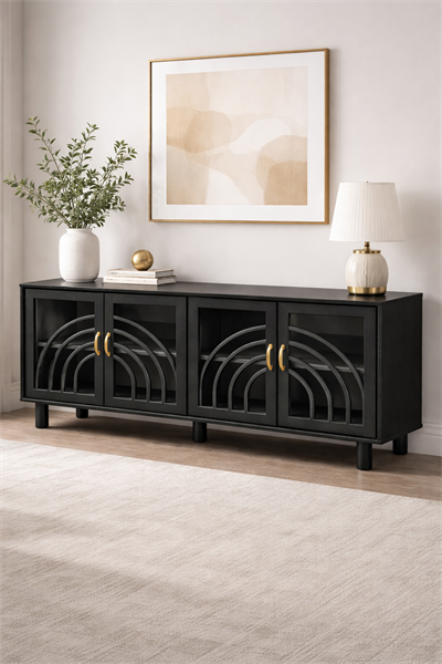 İstanbul Serisi Cam Kapaklı Ahşap Konsol – Dekoratif Desenli Salon Konsolu – 200 × 45 × 85 cm