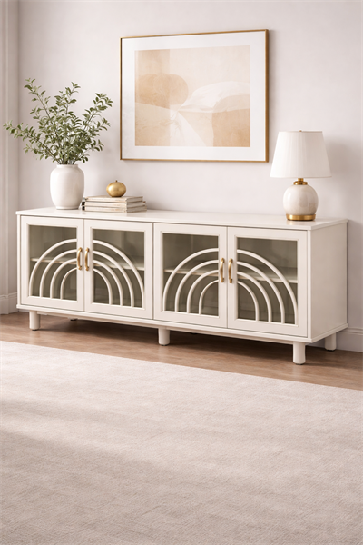 İstanbul Serisi Cam Kapaklı Ahşap Konsol – Dekoratif Desenli Salon Konsolu – 200 × 45 × 85 cm