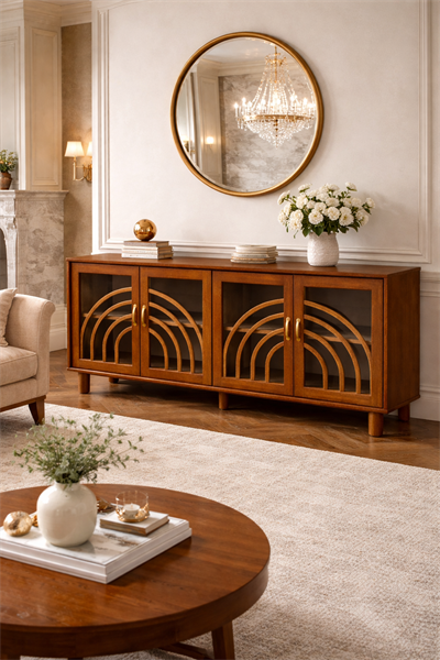 İstanbul Serisi Cam Kapaklı Ahşap Konsol – Dekoratif Desenli Salon Konsolu – 200 × 45 × 85 cm