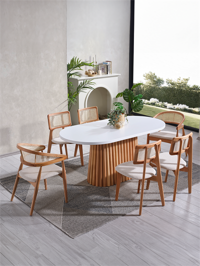 Jakarta Beyaz Tabla Naturel Ayak Oval Ahşap Masa Takımı 170x90 Cm - 6 Sandalyeli Doğal Hazeranlı İskandinav Şık Tasarım