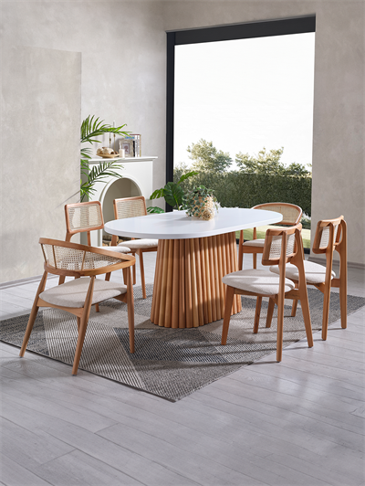 Jakarta Beyaz Tabla Naturel Ayak Oval Ahşap Masa Takımı 170x90 Cm - 6 Sandalyeli Doğal Hazeranlı İskandinav Şık Tasarım