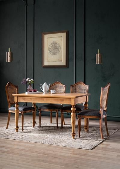 Jardin Doğal Ahşap Torna Ayak Dikdörtgen Masa Takımı 140x80 cm - 4 Doğal Ahşap Hazeranlı Sandalye Modern Şık Tasarım