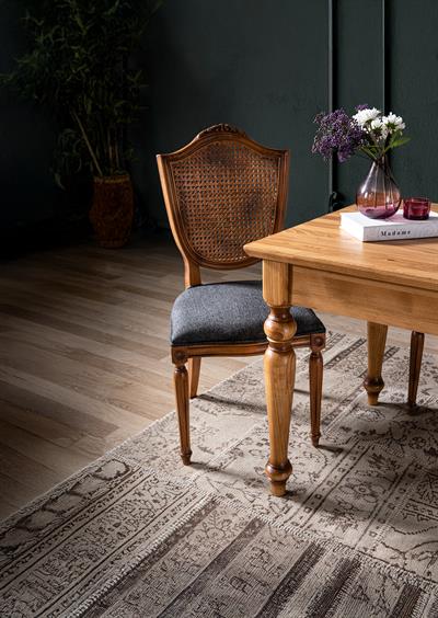 Jardin Doğal Ahşap Torna Ayak Dikdörtgen Masa Takımı 140x80 cm - 4 Doğal Ahşap Hazeranlı Sandalye Modern Şık Tasarım