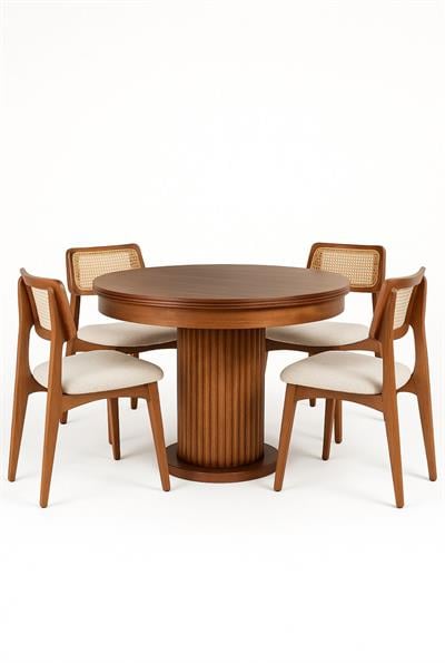 Kayın Ahşap Açılır Masa Takımı 100×100 – 100×135 | Torna Ayak Çıtalı Kayın Sandalye