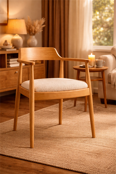 Kerben Natural Kayın Ahşap Kolçaklı Sandalye Detaylı İşçilik Modern Şık Tasarım