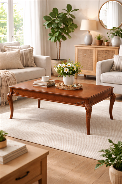 Klasik Ahşap Orta Sehpa – Oymalı Ayaklı Salon Sehpası – 114 cm