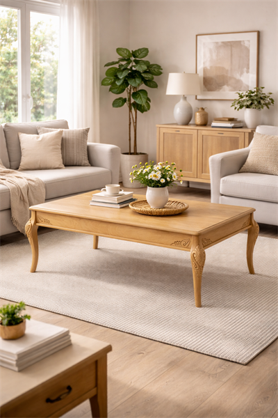 Klasik Ahşap Orta Sehpa – Oymalı Ayaklı Salon Sehpası – 114 cm