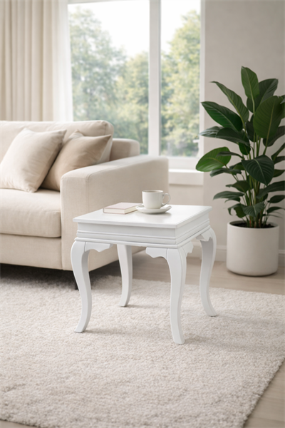 Klasik Beyaz Yan Sehpa 55x55 cm Dekoratif Salon Sehpası