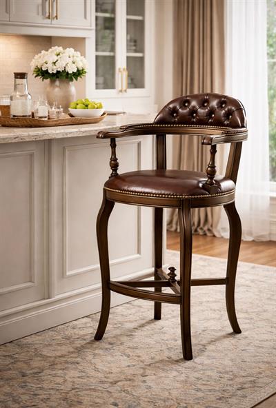 Klasik Masif Bar Sandalyesi | Deri Döşemeli Kayın Ayak