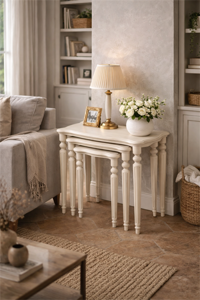 Klasik Torna Ayaklı Ahşap Zigon Sehpa Seti – 3lü