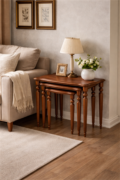 Klasik Torna Ayaklı Ahşap Zigon Sehpa Seti – 3lü