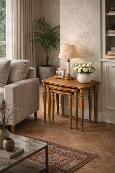 Klasik Torna Ayaklı Ahşap Zigon Sehpa Seti – 3lü