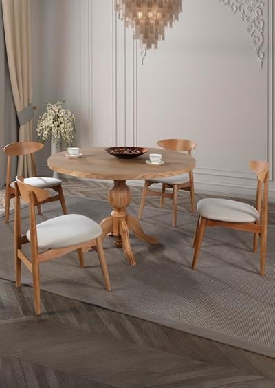 Lara Doğal Ahşap Yuvarlak Masa Takımı 100x100 cm - 4 Doğal Ahşap Sandalye Modern Şık Tasarım