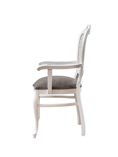 Leman Doğal Ahşap Kayın Beyaz Renk Hazeranlı Kolçaklı Sandalye Detaylı İşçilik Modern Şık Tasarım