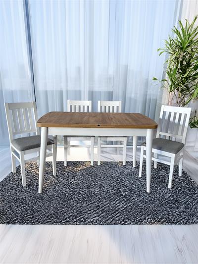 Lidya Beyaz-Meşe Ahşap Renk Dikdörtgen Masa Takımı - 4 Adet Sandalye Bohem & İskandinav Şık Tasarım