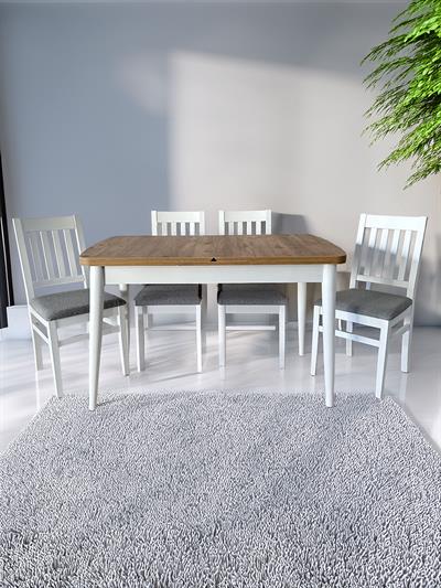 Lidya Beyaz-Meşe Ahşap Renk Dikdörtgen Masa Takımı - 4 Adet Sandalye Bohem & İskandinav Şık Tasarım