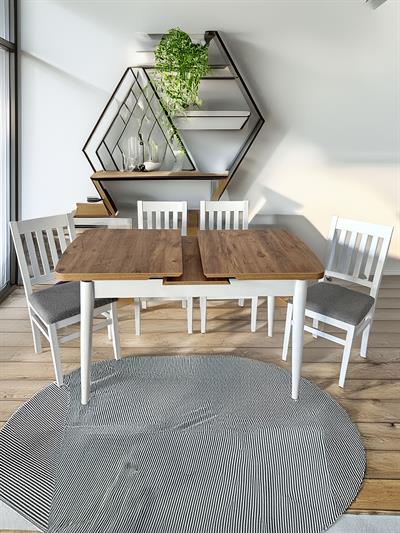 Lidya Beyaz-Meşe Ahşap Renk Dikdörtgen Masa Takımı - 4 Adet Sandalye Bohem & İskandinav Şık Tasarım