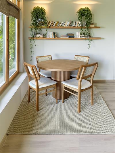 Lilyum Naturel Renk Yuvarlak Ahşap Masa Takımı 100x100 Cm - 4 Naturel Renk Hazeranlı Sandalye Bohem & İskandinav Şık Tasarım