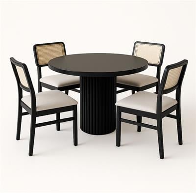 Lilyum Doğal Ahşap Siyah Renk Masa Takımı 100x100 Cm - 4 Adet Hazeranlı Sandalye  Bohem & İskandinav Şık Tasarım