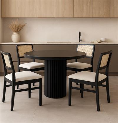 Lilyum Doğal Ahşap Siyah Renk Masa Takımı 100x100 Cm - 4 Adet Hazeranlı Sandalye  Bohem & İskandinav Şık Tasarım