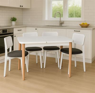Lina Doğal Ahşap Açılır Çizilmez Beyaz Renk Masa Takımı 70x127 Cm - 4 Adet Beyaz Hazeranlı Sandalye Bohem & İskandinav Şık Tasarım
