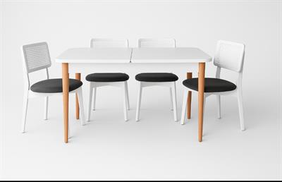 Lina Doğal Ahşap Açılır Çizilmez Beyaz Renk Masa Takımı 70x127 Cm - 4 Adet Beyaz Hazeranlı Sandalye Bohem & İskandinav Şık Tasarım