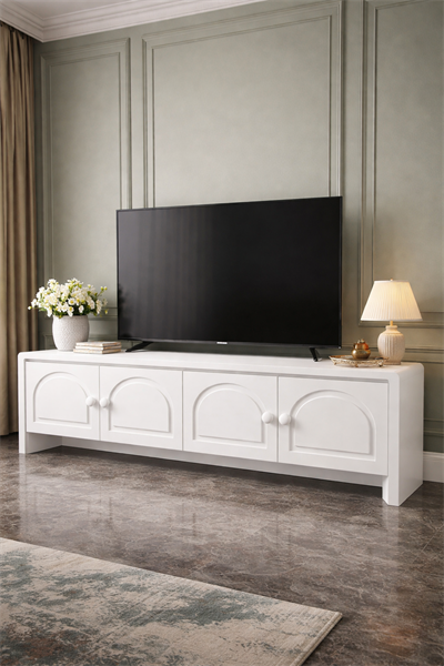 Liora Ahşap TV Ünitesi – Yuvarlatılmış Kapaklı Alçak Salon Konsolu – 190 × 43 × 59 cm