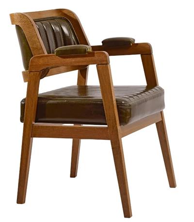 Loja Doğal Ahşap Kahverengi Deri Döşemeli Kollu Sandalye - Detaylı El İşçiliği