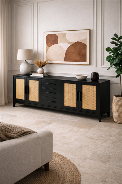 Lora Hasır Detaylı Ahşap Konsol – Çekmeceli ve Kapaklı Salon Konsolu – 200 × 43 × 80 cm