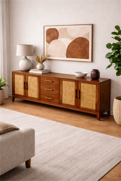 Lora Hasır Detaylı Ahşap Konsol – Çekmeceli ve Kapaklı Salon Konsolu – 200 × 43 × 80 cm