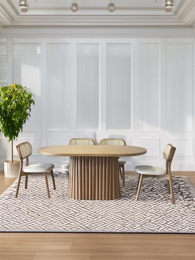 Lumber Naturel Renk Oval Ahşap Masa Takımı 170x90 Cm - 4 Adet Doğal Hazeranlı Sandalye Bohem & İskandinav Şık Tasarım