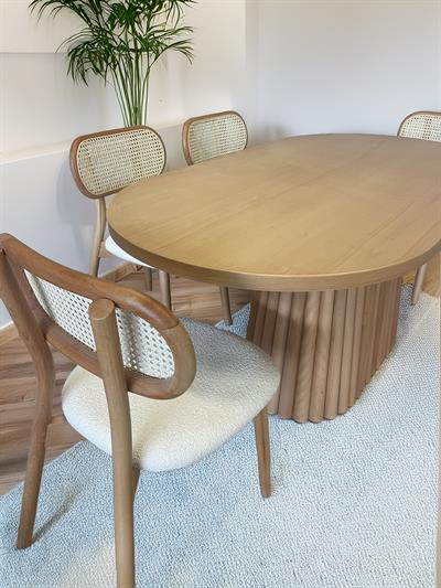 Lumber Naturel Renk Oval Ahşap Masa Takımı 170x90 Cm - 4 Adet Doğal Hazeranlı Sandalye Bohem & İskandinav Şık Tasarım